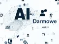 Grafika z mózgiem AI i ikonami symbolizującymi technologię, biznes i naukę. Napis "Darmowe kursy" sugeruje możliwość zdobycia wiedzy bez opłat.