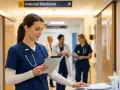 Pielęgniarka z tabletem w szpitalnym korytarzu, gdzie widnieje tabliczka "Internal Medicine". W tle inni pracownicy medyczni.