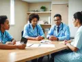 Zespół terapeutyczny w jasnych fartuchach dyskutuje przy stole, analizując dane na tablecie.