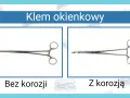 Klem okienkowy: narzędzia chirurgiczne nazwy. Po lewej klem bez korozji, po prawej z widocznymi śladami korozji.
