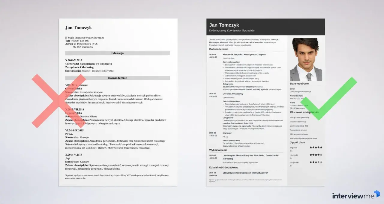 CV Jana Tomczyka, doświadczonego koordynatora sprzedaży, z sekcjami: dane osobowe, doświadczenie, wykształcenie, kluczowe umiejętności i języki obce.