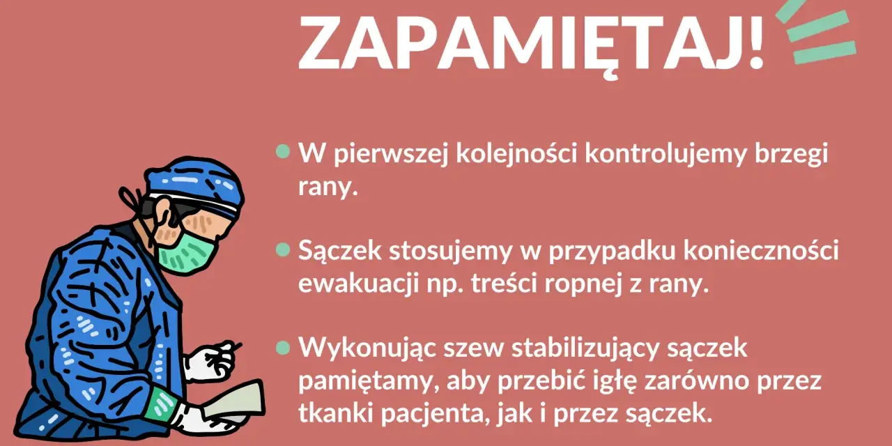 Chirurg w masce i fartuchu pokazuje, jak używać sączka do rany, by ewakuować np. treść ropną.