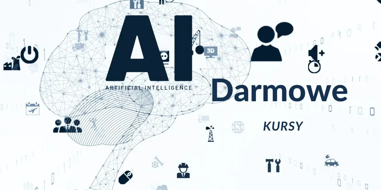 Grafika z mózgiem AI i ikonami symbolizującymi technologię, biznes i naukę. Napis "Darmowe kursy" sugeruje możliwość zdobycia wiedzy bez opłat.