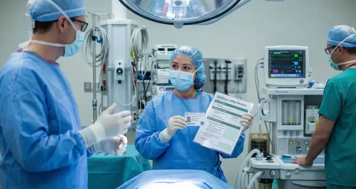 Pielęgniarka omawia przygotowanie pacjenta do zabiegu operacyjnego, prezentując checklistę bezpieczeństwa.