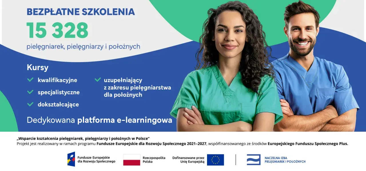 Dwie uśmiechnięte pielęgniarki w zielonych i niebieskich fartuchach. Bezpłatne szkolenia dla pielęgniarek, w tym pielęgniarstwo kardiologiczne.