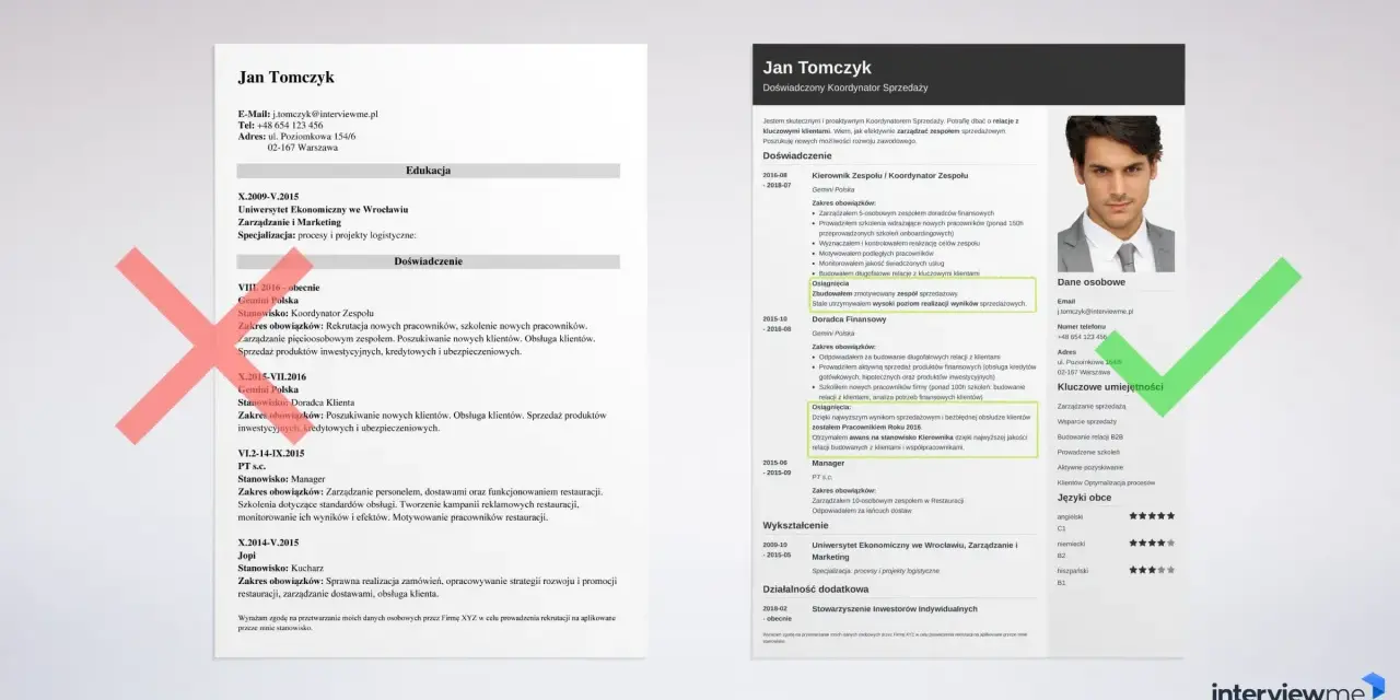 CV Jana Tomczyka, doświadczonego koordynatora sprzedaży, z kluczowymi umiejętnościami i historią zatrudnienia.