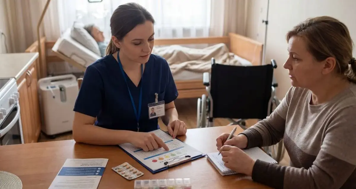 Podczas kursu opieki paliatywnej pielęgniarka omawia z pacjentką plan leczenia. W tle łóżko i wózek inwalidzki.