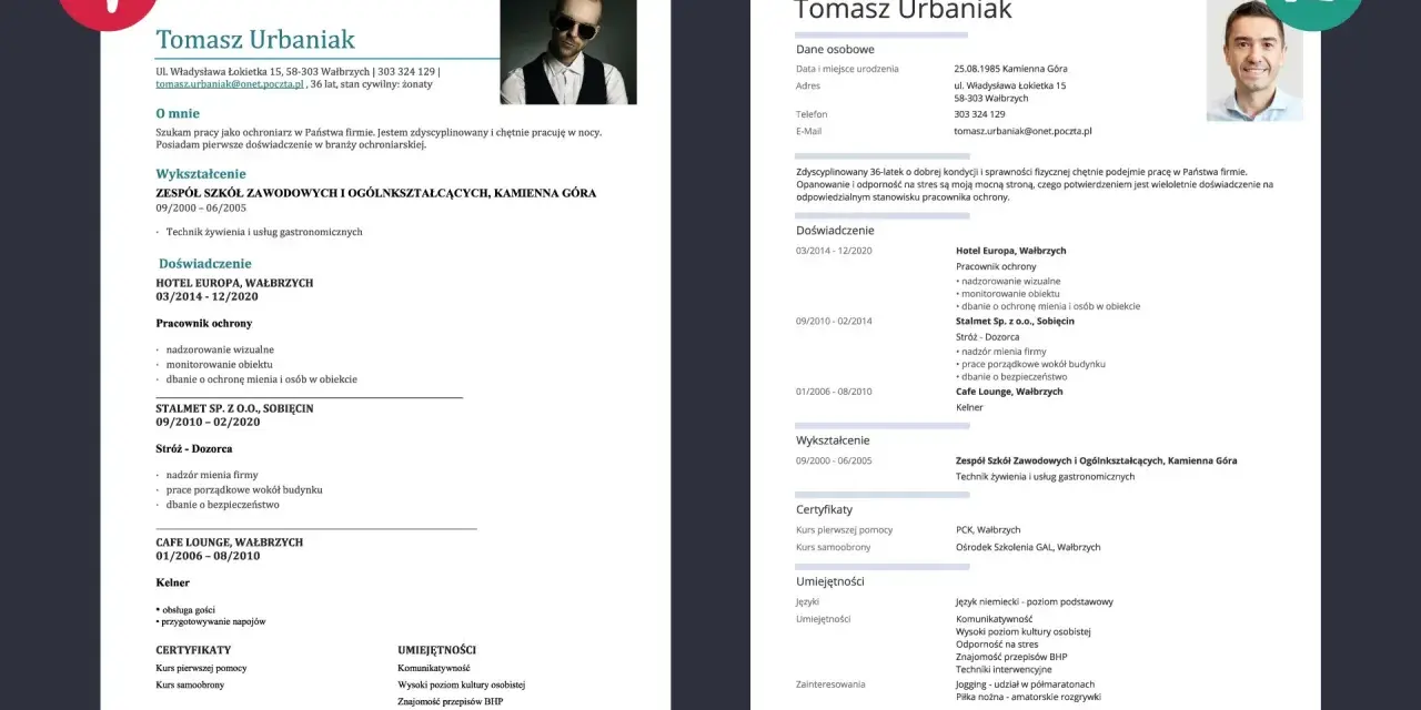 CV Tomasza Urbaniaka: doświadczenie jako pracownik ochrony, kelner, wykształcenie gastronomiczne. Umiejętności: komunikatywność, BHP, techniki interwencyjne.