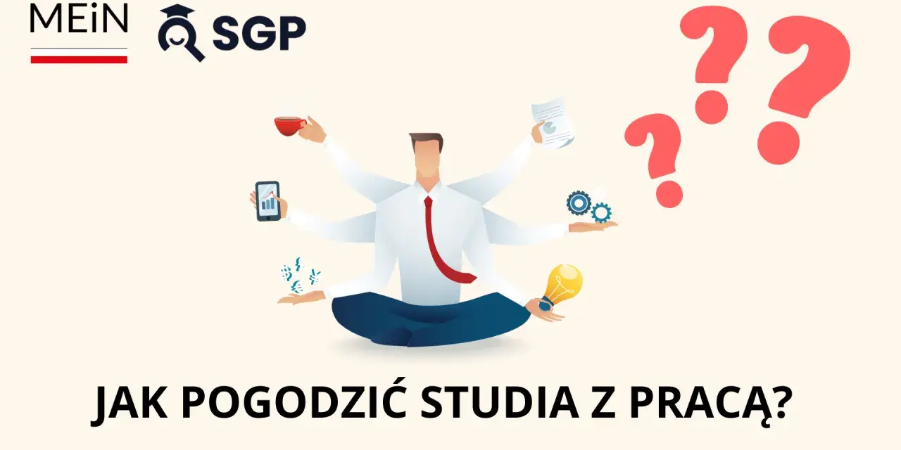 Wieloręki człowiek w pozycji medytacyjnej symbolizuje wyzwania związane z pogodzeniem pracy i studiów zaocznych.