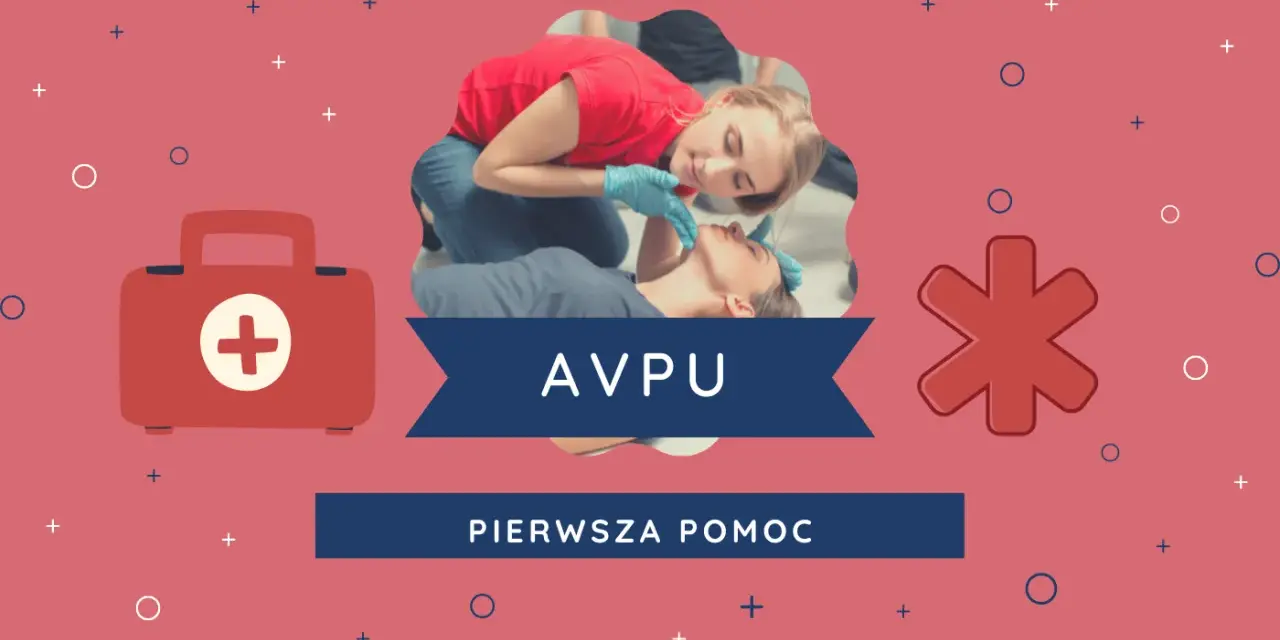 Ratownik ocenia przytomność pacjenta, stosując skalę AVPU. Obok apteczka i symbol pierwszej pomocy.