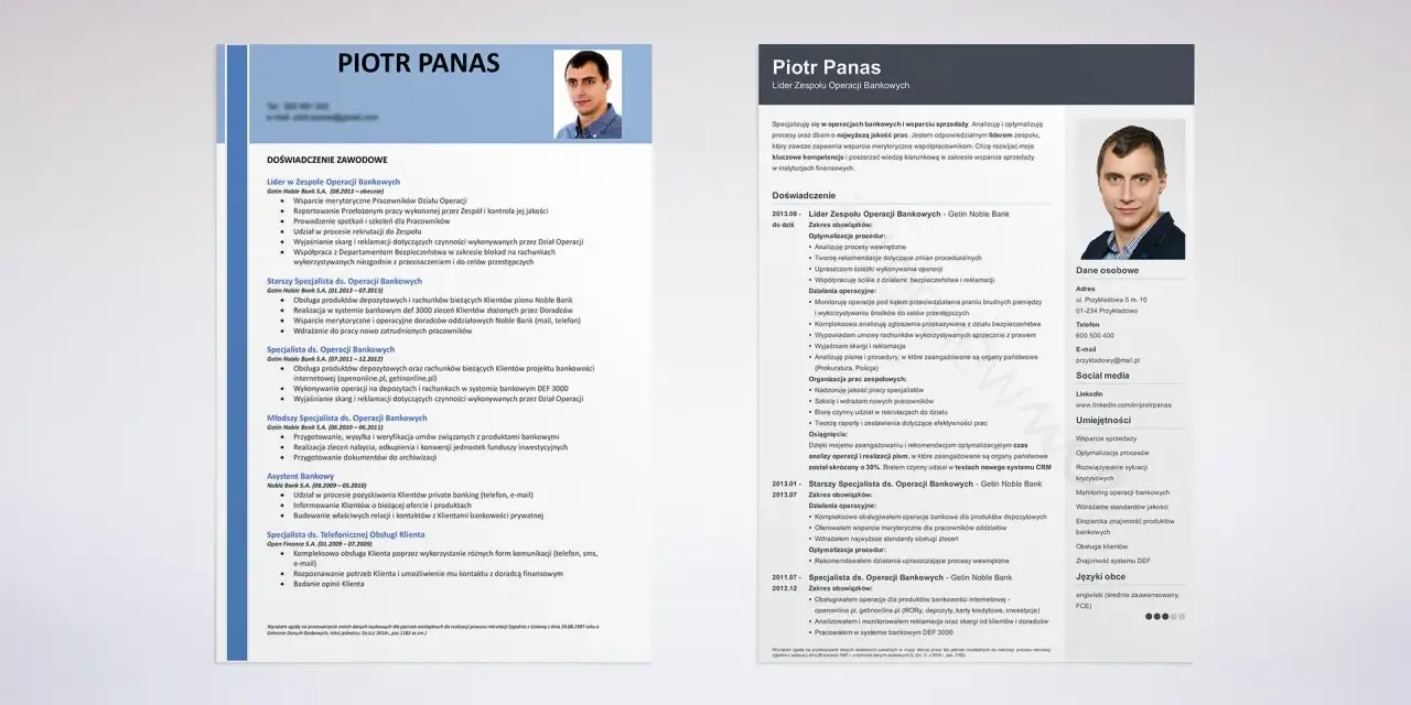 CV Piotra Panasa, lidera zespołu operacji bankowych, z doświadczeniem w bankowości i wsparciu sprzedaży.