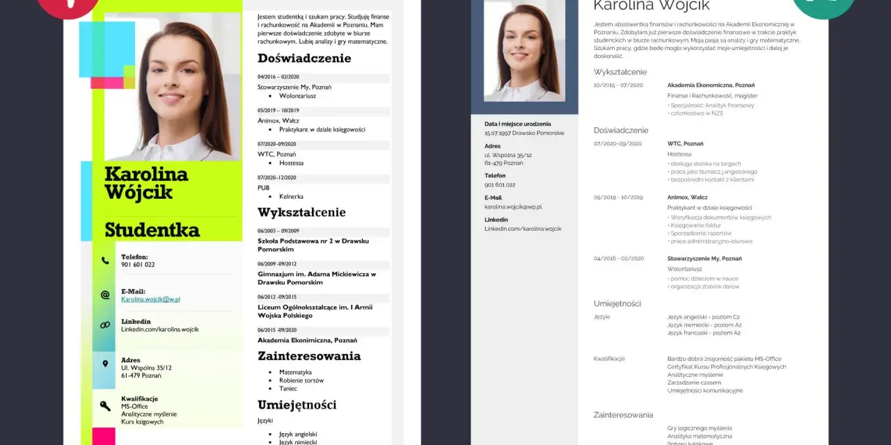 CV studentki Karoliny Wójcik: wykształcenie, doświadczenie, umiejętności i zainteresowania.