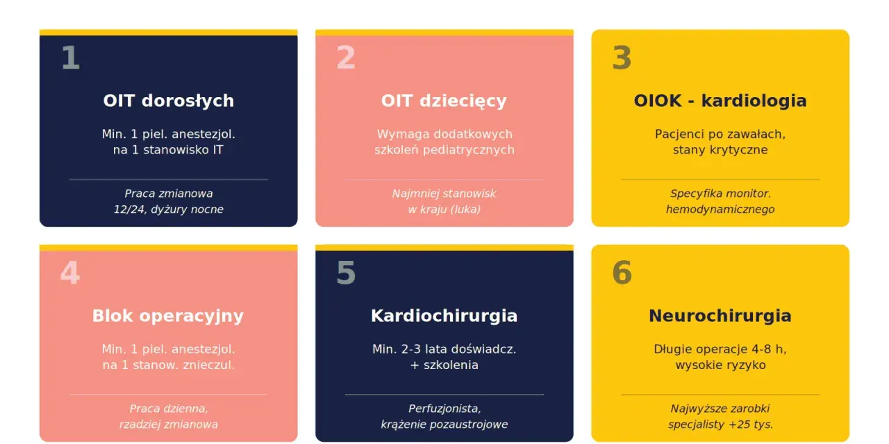 Sześć oddziałów z obsadą piel. anestezjologicznej: OIT dorosłych, OIT dziecięcy, OIOK-kardiologia, Blok operacyjny, Kardiochirurgia, Neurochirurgia.