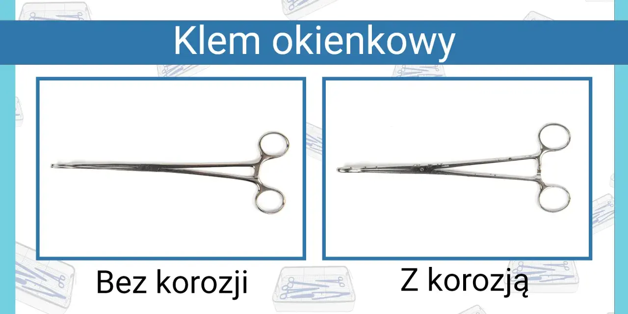 Klem okienkowy: narzędzia chirurgiczne nazwy. Po lewej klem bez korozji, po prawej z widocznymi śladami korozji.