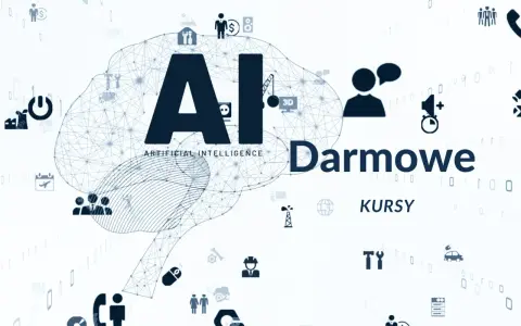 Grafika z mózgiem AI i ikonami symbolizującymi technologię, biznes i naukę. Napis "Darmowe kursy" sugeruje możliwość zdobycia wiedzy bez opłat.