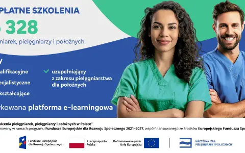 Dwie uśmiechnięte pielęgniarki w zielonych i niebieskich fartuchach. Bezpłatne szkolenia dla pielęgniarek, w tym pielęgniarstwo kardiologiczne.