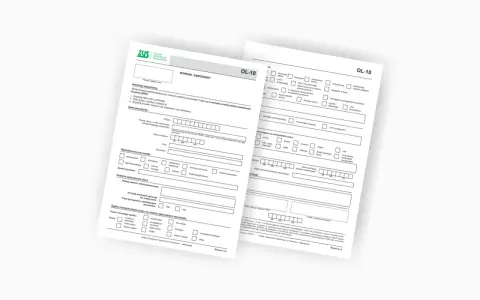 Karta czynności opiekuna medycznego - formularz ZUS OL-10 do wypełnienia przez pracodawcę, zawiera dane pracownika i opis stanowiska.