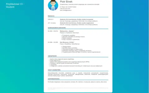 CV dla ucznia: Piotr Binek, student socjologii, z doświadczeniem w wydawnictwie i klubie muzycznym. Umiejętności: angielski, prawo jazdy, SPSS, CorelDraw, copywriting.