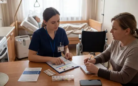 Podczas kursu opieki paliatywnej pielęgniarka omawia z pacjentką plan leczenia. W tle łóżko i wózek inwalidzki.