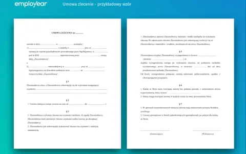 Przykładowy wzór umowy zlecenia, zawierający dane stron, opis czynności, wynagrodzenie i warunki rozwiązania umowy.