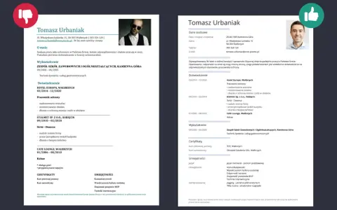 CV Tomasza Urbaniaka: doświadczenie jako pracownik ochrony, kelner, wykształcenie gastronomiczne. Umiejętności: komunikatywność, BHP, techniki interwencyjne.