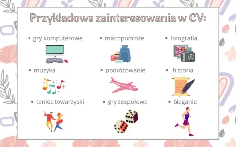Przykładowe zainteresowania w CV: gry komputerowe, mikropodróże, fotografia, muzyka, podróżowanie, historia, taniec towarzyski, gry zespołowe, bieganie.
