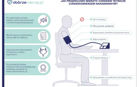 Prawidłowe mierzenie ciśnienia: ciche miejsce, plecy proste, ręka podparta, stopy płasko. Na której ręce mierzyć ciśnienie? Na tej z dopasowanym mankietem na poziomie serca.