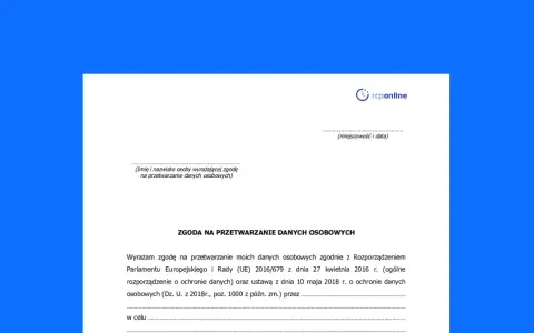 Formularz zgody na przetwarzanie danych osobowych, wymagany przez RODO.