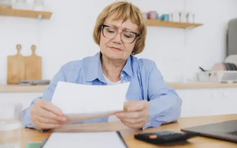 Kobieta w wieku 60 lat, po 40 latach pracy, z troską przegląda dokumenty dotyczące emerytury.