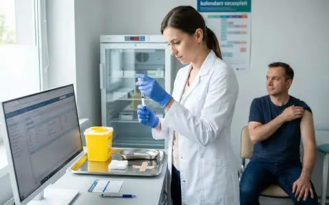 Pielęgniarka przygotowuje szczepionkę podczas kursu szczepień. Pacjent czeka na zastrzyk.