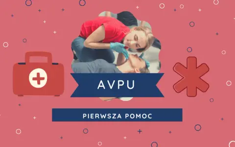 Ratownik ocenia przytomność pacjenta, stosując skalę AVPU. Obok apteczka i symbol pierwszej pomocy.