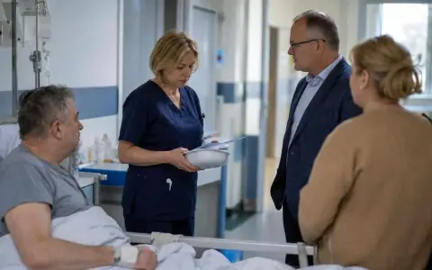 Pielęgniarka omawia z pacjentem i jego bliskimi dokumenty, co może dotyczyć odpowiedzialności cywilnej pielęgniarki.