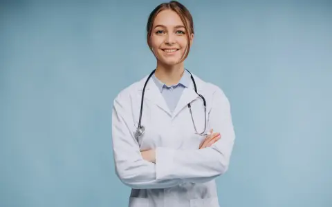 Uśmiechnięta lekarka w białym kitlu ze stetoskopem, zastanawia się, ile trwa specjalizacja z psychiatrii.