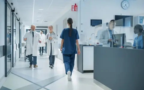 Lekarze i pielęgniarki w szpitalnym korytarzu, przykład efektywnego zarządzania zasobami ludzkimi.