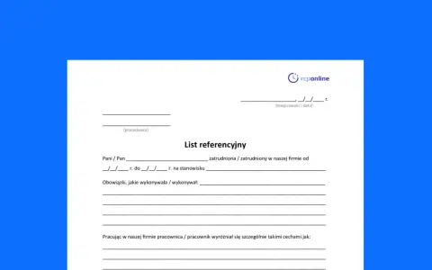 Formularz "List referencyjny" do wypełnienia przez pracodawcę. Zawiera pola na dane pracownika, okres zatrudnienia, obowiązki i cechy pracownika.
