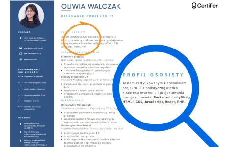 Profil osobisty: certyfikaty w CV potwierdzają moje umiejętności w tworzeniu i projektowaniu oprogramowania.