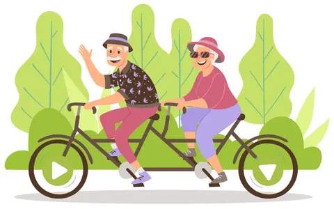 Szczęśliwa para seniorów na rowerze tandemowym, ciesząca się aktywnością po odprawie emerytalnej.