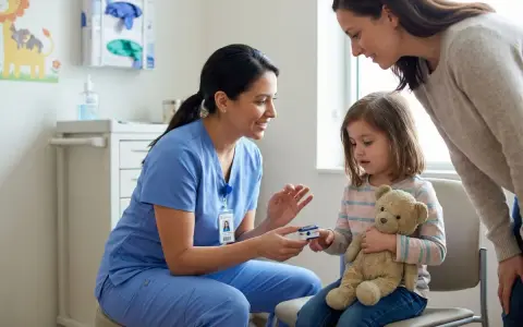 Pielęgniarka pediatryczna z uśmiechem pokazuje pulsoksymetr dziecku, które trzyma misia. Obok stoi mama.