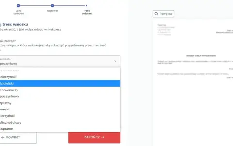 Wybieram rodzaj wniosku: urlop bezpłatny. System podpowiada treść dokumentu.