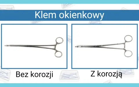 Klem okienkowy: narzędzia chirurgiczne nazwy. Po lewej klem bez korozji, po prawej z widocznymi śladami korozji.
