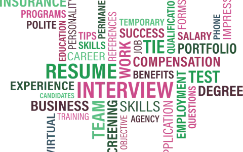 Słowa kluczowe związane z karierą i procesem rekrutacji: RESUME, INTERVIEW, SKILLS, EXPERIENCE, EDUCATION, SUCCESS, PORTFOLIO, SALARY, COMPENSATION, EMPLOYMENT, APPLICATION, TEST, DEGREE, INSURANCE, PROGRAMS, POLITE, TEMPORARY, PERSONALITY, TIPS, REFER...