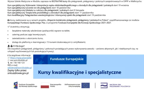 Bezpłatne kursy kwalifikacyjne i specjalistyczne dla pielęgniarek, pielęgniarzy i położnych. Zapisy na stronie smk.ezdrowie.gov.pl.