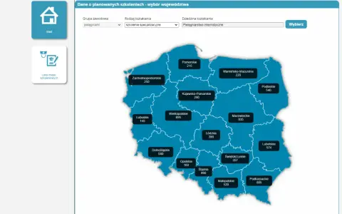 Mapa Polski z danymi o szkoleniach specjalizacyjnych dla pielęgniarek. Sprawdź, ile trwa specjalizacja pielęgniarska w wybranym województwie.