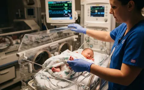 Pielęgniarka neonatologiczna czule opiekuje się noworodkiem w inkubatorze, monitorując jego funkcje życiowe.