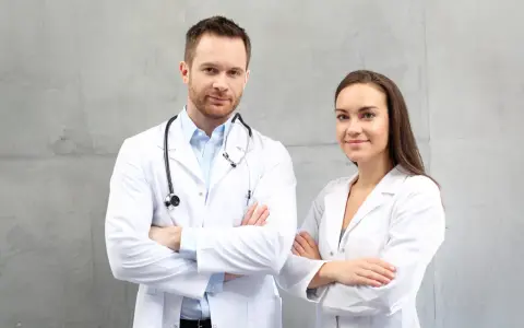 Lekarz i lekarka w białych fartuchach, gotowi do prowadzenia kursu RKO dla pielęgniarek.