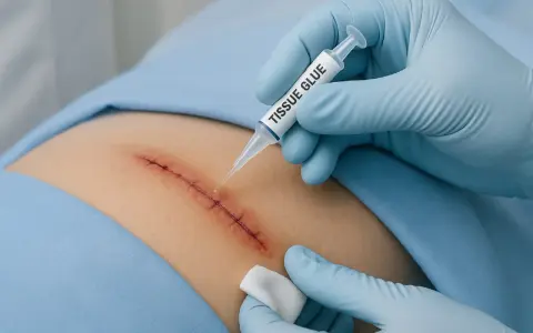 Lekarz w niebieskich rękawiczkach aplikuje klej na rany na świeżą bliznę pooperacyjną.