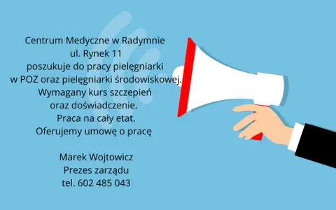 Centrum Medyczne w Radymnie ogłasza nabór na stanowisko pielęgniarki. Szukamy kandydatek z kursem szczepień i doświadczeniem. Oferujemy umowę o pracę. Dodatkowa praca dla pielęgniarek czeka!