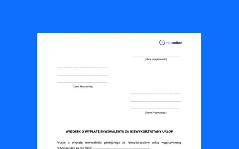 Wniosek o ekwiwalent za urlop 2025. Dokument zawiera pola na dane pracownika, pracodawcy oraz datę i miejscowość.