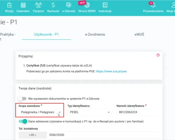 Recepta pielęgniarska pro familiae. Wpisz dane, wybierz grupę zawodową "Pielęgniarka / Pielęgniarz" i identyfikator.