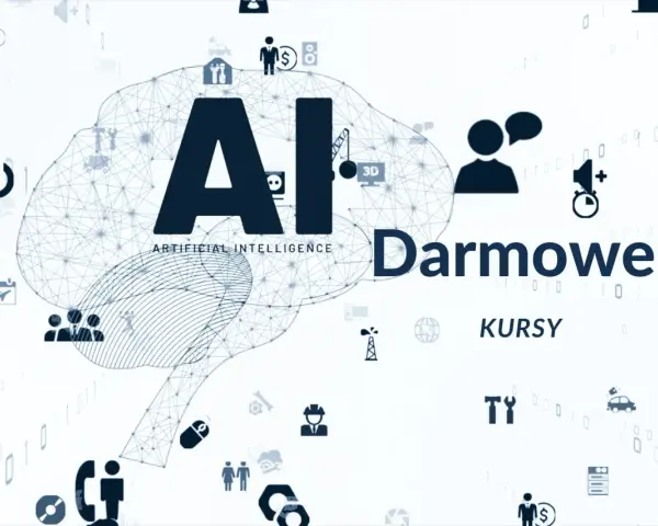 Grafika z mózgiem AI i ikonami symbolizującymi technologię, biznes i naukę. Napis "Darmowe kursy" sugeruje możliwość zdobycia wiedzy bez opłat.